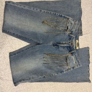 Rock and Roll denim flare jeans with fringe rhinestones